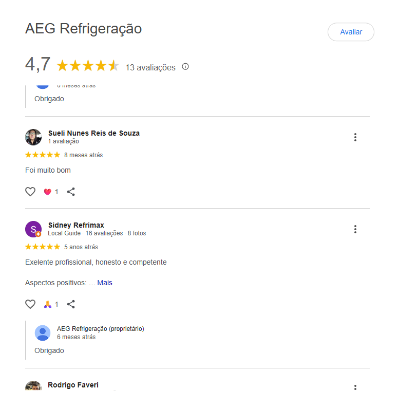 Avaliações da AEG Refrigeração no Google