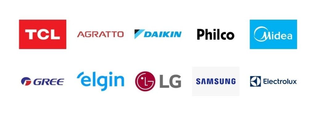 Marcas parceiras: TCL, Agratto, Daikin, Philco, Midea, Gree, Elgin, LG, Samsung, Electrolux